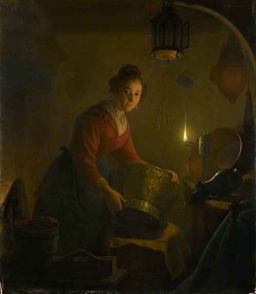 Une femme dans une cuisine à la lumière d'une lampe à huile, 1830, Michiel Versteeg