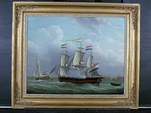Fregatschip 'Rotterdams Welvaren' op de Maas te Rotterdam, 1821, Isaac Schouman