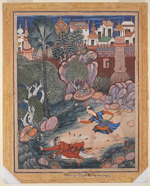 "'Umar Walks around Fulad Castle, Meets a Foot Soldier and Kicks Him to the Ground", Folio from a Ha, 1570, Kesu Kalan