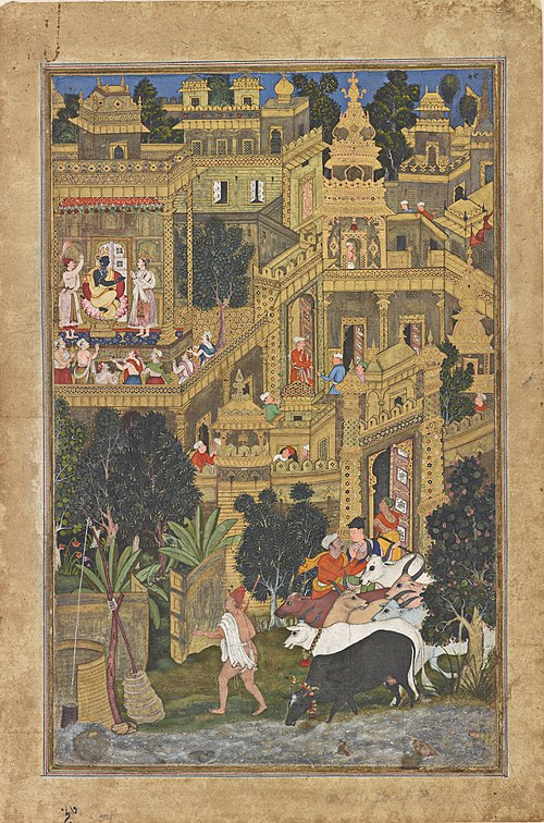 Krishna and the Golden City of Dwarka, from the Harivamsha (Geneology of Vishnu), 1585, Kesu Kalan