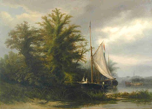 Een kotter afgemeerd nabij een bosrand, 1878, Johannes Gijsbert Vogel