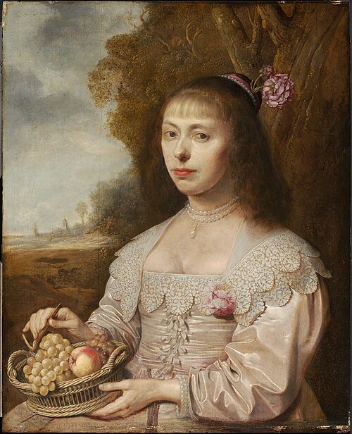 Portrait of a Young Woman Holding a Basket of Fruit, 1660, Jacob Fransz. van der Merck