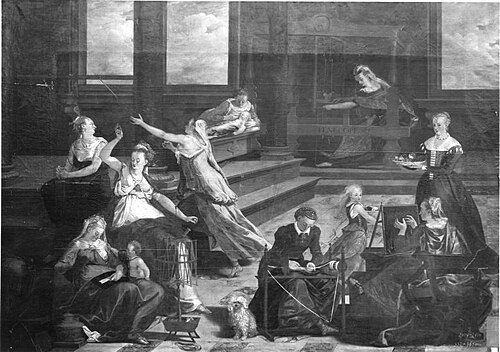 Penelope and her maids weaving and spinning in anticipation of Odysseus' return, 1563, Abraham del Hele