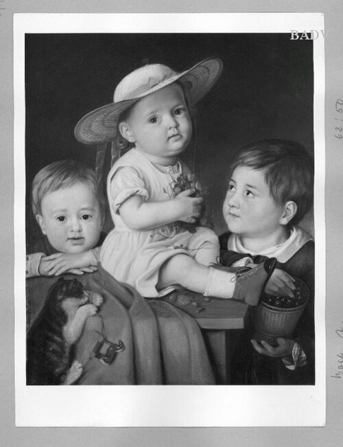 portrait of three children with a cat, 1858, Anton Boch