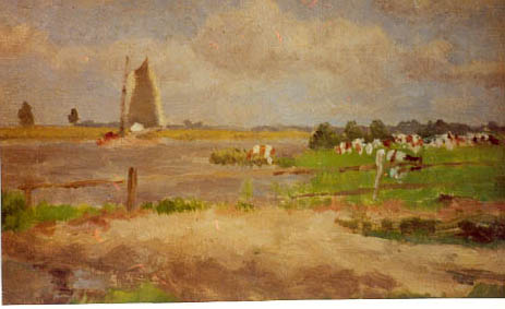 Rivierlandschap met zeilboot en vee, , Herman Wolbers