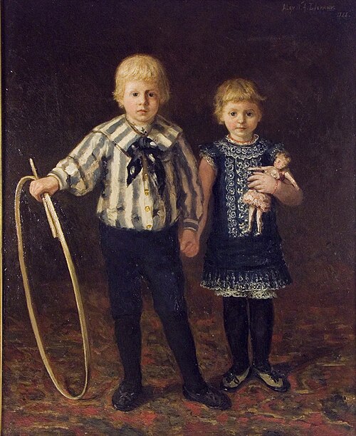 Portret van jongen en meisje met hoepel en pop, 1888, Willem Adriaan Alexander Liern