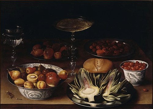 Artichaut, fruits et coupes, 1612, Osias Beert