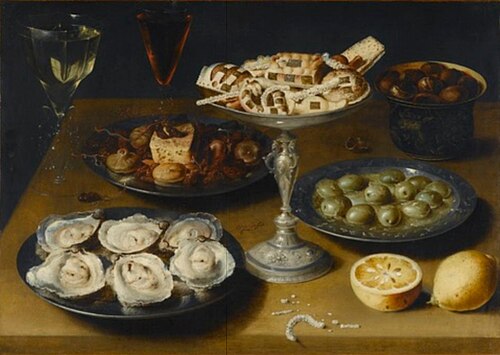 Still-Life with Oysters, Pastries and Fruits, 1600, Osias Beert