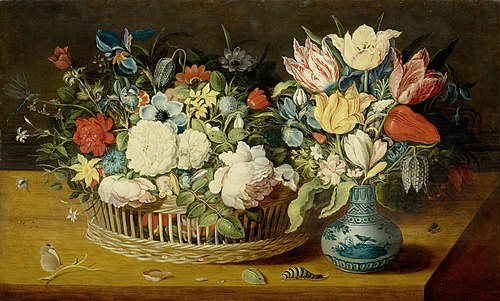Still life with flowers in a woven basket and a floral bouquet in a porcelain vase on a table top wi, 1624, Osias Beert