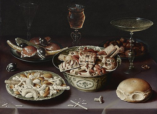 Still life of porcelain vessels containing sweets, pewter plates bearing sweets and chestnuts, three, 1609, Osias Beert