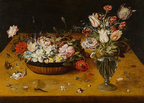 Still life with roses, tulips, carnations and other flowers in a Chinese lacquer basket and in a gla, 1609, Osias Beert