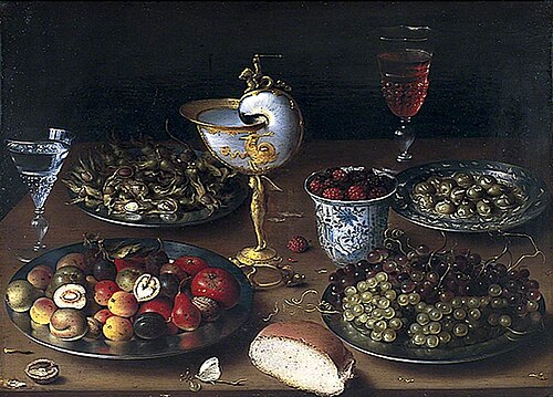 Still Life with Nautilus Cup, Fruit, Nuts and Wine, 1610, Osias Beert