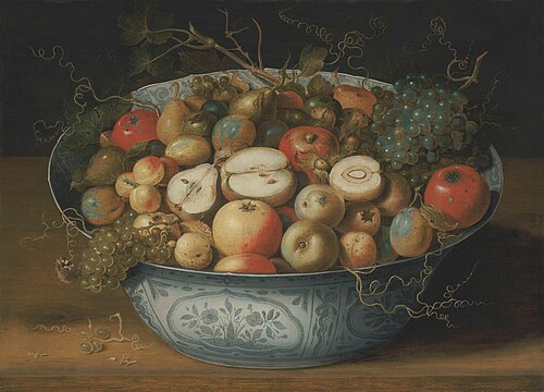 Chinese bowl with apples, plums, grapes and nuts, 1615, Osias Beert