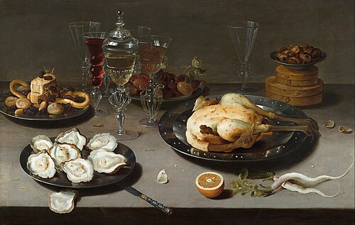 Still life with oysters, roasted chicken, sweets and dried fruits, 1610, Osias Beert