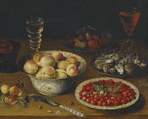Fruit still life with two wine glasses on a wooden table, 1610, Osias Beert