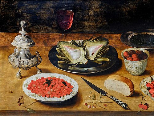 Still life with strawberries, raspberries and artichokes, 1617, Osias Beert