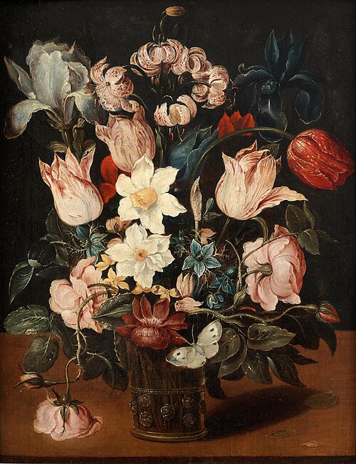 Tulips, narcissi, an iris and other flowers in a glass vase on a table top with a butterfly, 1610, Osias Beert