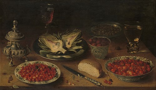 Still life with chinese porcelain, berries, and artichokes, 1612, Osias Beert