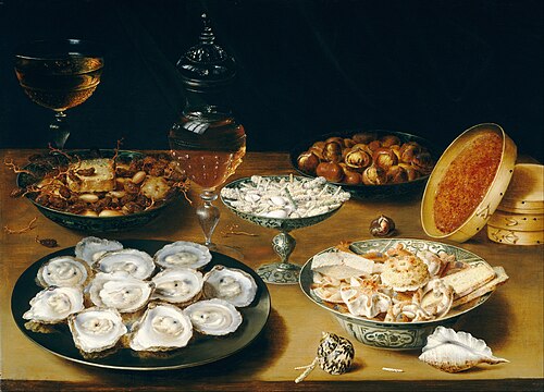 Dishes with Oysters, Fruit, and Wine, 1615, Osias Beert