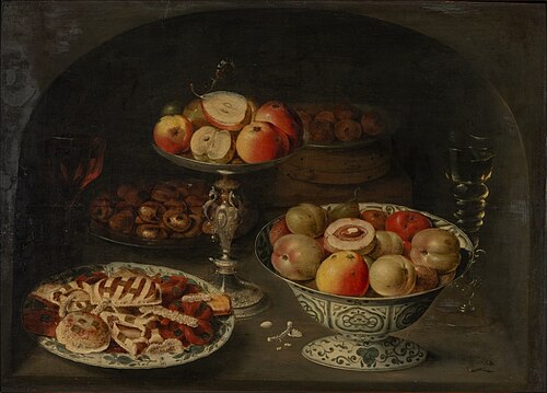 Still life with fruit, sweetmeats and wine, in a niche, 1625, Osias Beert