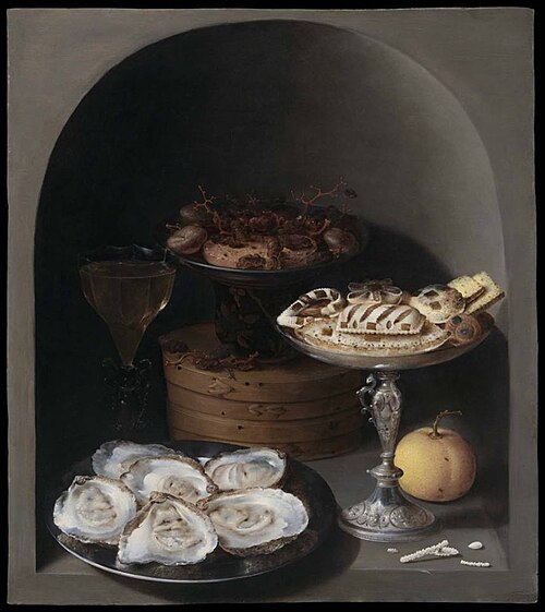 Still Life with Oysters, Sweetmeats and Dried Fruit in a Stone Niche, 1609, Osias Beert