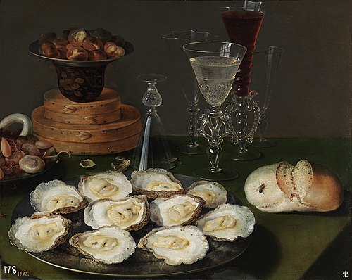 Stilleven met oesters, brood, kastanjes en glaswerk, 1601, Osias Beert