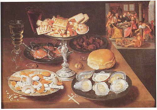 Still life with oysters and sweets, in the background "Lazarus and the Rich Man", 1610, Osias Beert