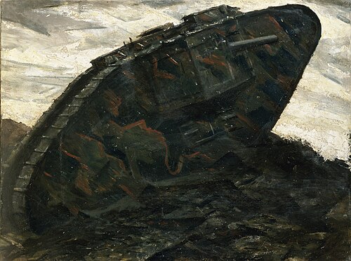 Camouflaged tank crossing muddy terrain, 1917, Christopher Nevinson