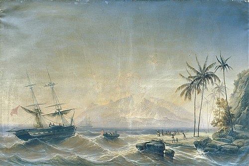 Kriegsschiff vor den Südseeinseln, 1854, Josef Püttner