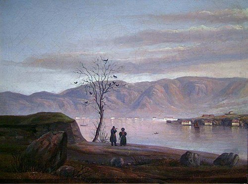 Parti fra Bergen, Nordnes og Sandviken sett fra Laksevåg, 1850, Knud Bull