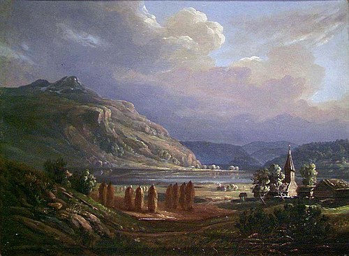 Landskap fra Sogn med Gaupne kirke, 1850, Knud Bull