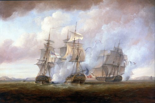 The capture of the Resistance and Constance by HMS San Fiorenzo and Nymphe, 9 March 1797, , Nicholas Pocock