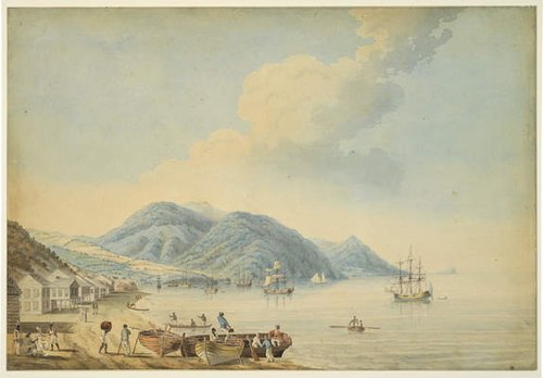 Town and Harbour of Montego Bay, Jamaica, 1790, Nicholas Pocock