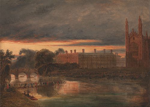 Procession of Boats on the River Cam below Clare College, Cambridge, 1850, Richard Bankes Harraden