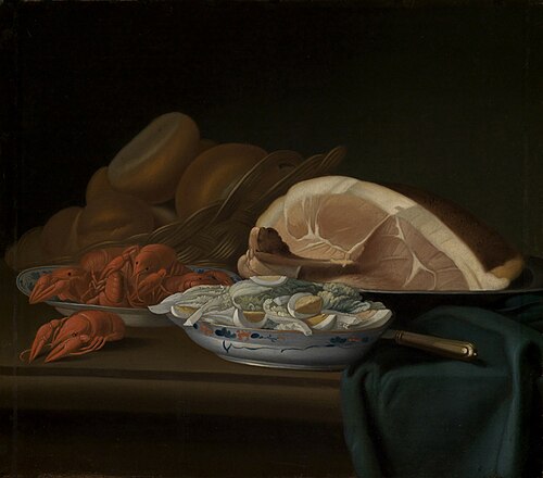 Breakfast still life with ham, crabs and eggs, 1746, Justus Juncker