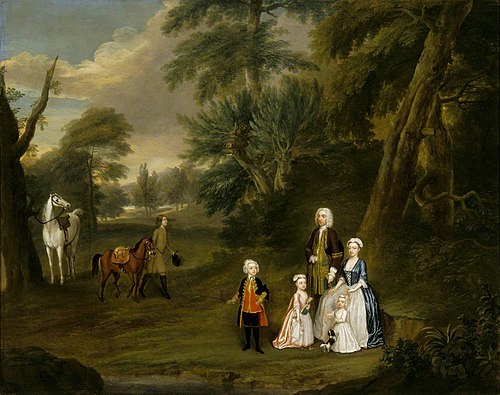 Outdoor Conversation Piece of Thomas Hill (Harwood) (1693-1782) and his First Family, 1730, Charles Phillips