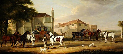 Changing Horses, the Exeter to London Mail; Sir Henry Paton Bt leading the Horse, 1821, William Henry Davis