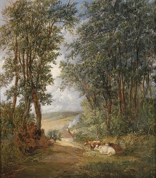 Waldlandschaft mit rastenden Kühen im Vordergrund, 1851, Alfred Vickers