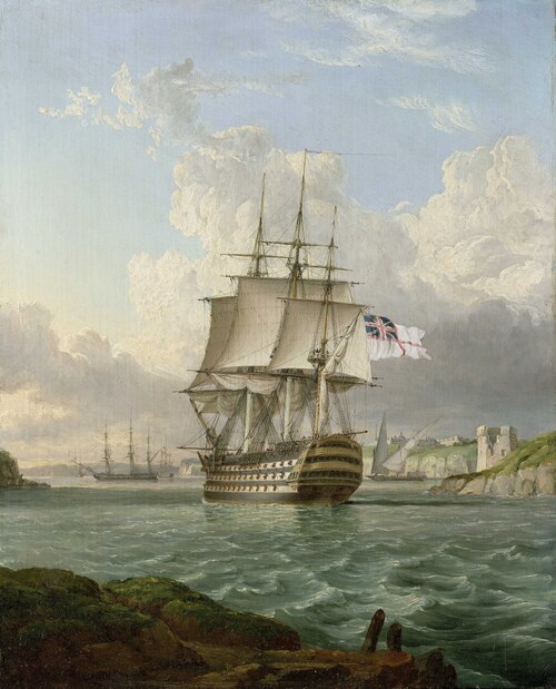 HMS 'Britannia' Leaving a Mediterranean Harbour, 1832, Robert Strickland Thomas