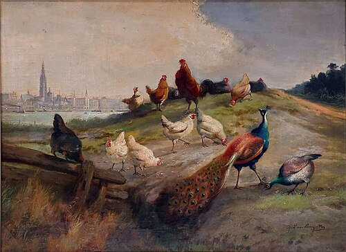 Landscape with animals and view of Antwerp, , Jef Louis Van Leemputten