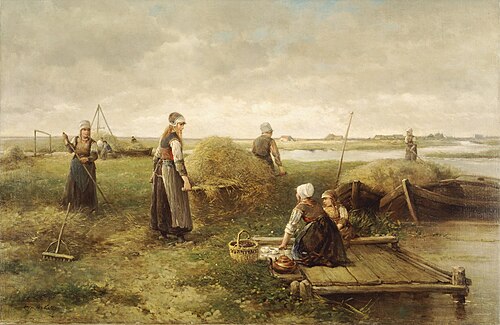 Hooitijd op Marken - Marker vrouwen aan het werk op hooiland aan een vaart, 1880, Mari ten Kate