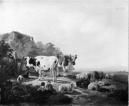 Rinder und Schafe auf der Weide mit Hirten, 1843, Dirk van Lokhorst