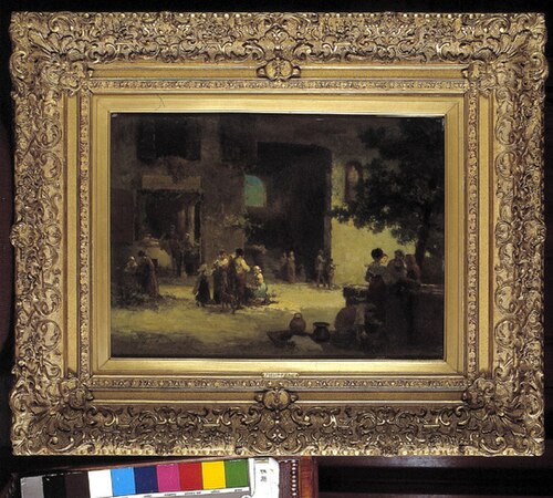 Italiaanse binnenplaats met figuren, 1850, Karel Frans Philippeau
