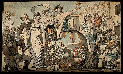 A drunken satyr cavorts atop the globe; to his right physici, , Jacob Smies