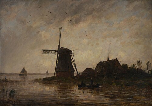 Riverlandscape with windmill in stormy weather, 1908, Alphonse Stengelin