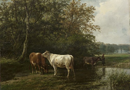 Koeien bij bomen en water, 1863, Jan Bedijs Tom