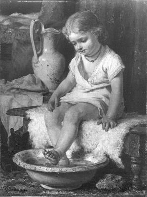 Klein meisje wast voeten, 1881, Hendrik Valkenburg
