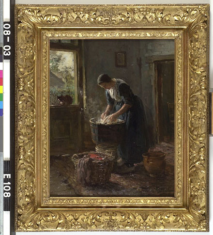 Interieur met wasvrouw, 1873, Hendrik Valkenburg