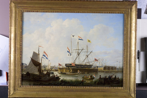 Bezoek van koning Willem II aan het eerste drijvende droogdok te Amsterdam, 1843, 1843, Hendrik Vettewinkel