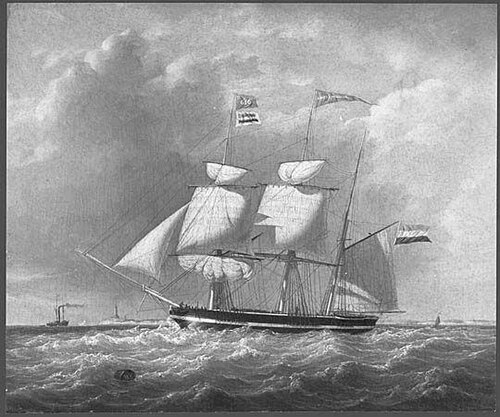 Het barkschip Koning Willem II het zeegat van Texel binnenvarend, 1851, Hendrik Vettewinkel